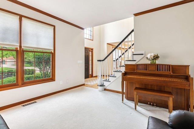 1229 Whispering Meadow Ct, New Albany, OH 43054 - carpeted foyer entrance with crown molding and stairway