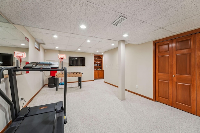 1229 Whispering Meadow Ct, New Albany, OH 43054 - workout area featuring carpet floors, a drop ceiling, and recessed lighting