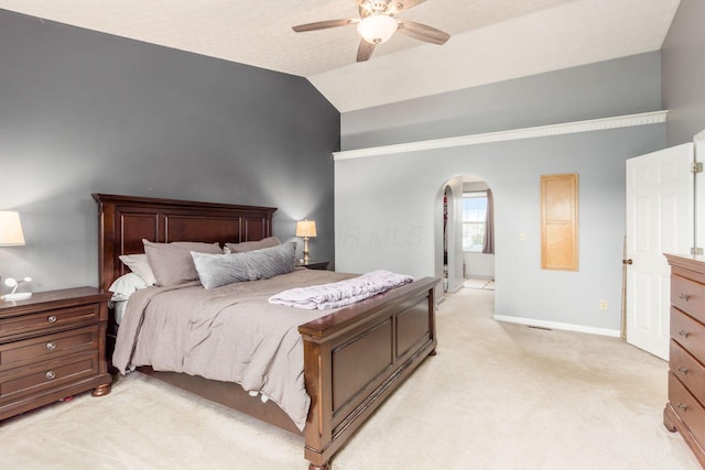 2535 Linbaugh Rd, Grove City, OH 43123 - bedroom featuring arched walkways, light colored carpet, lofted ceiling, baseboards, and ceiling fan