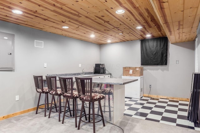 2535 Linbaugh Rd, Grove City, OH 43123 - indoor dry bar featuring wooden ceiling, recessed lighting, baseboards, tile patterned floors, and fridge
