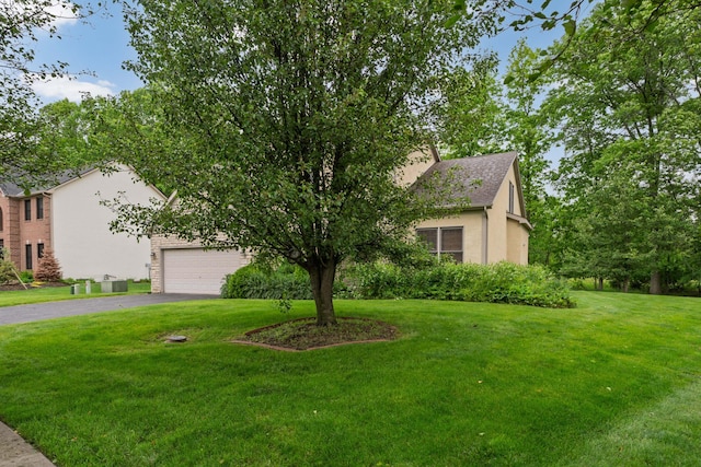 7415 Sand Spurrey Ct, Westerville, OH 43082 - view of property hidden behind natural elements with stucco siding, driveway, a front lawn, and a garage