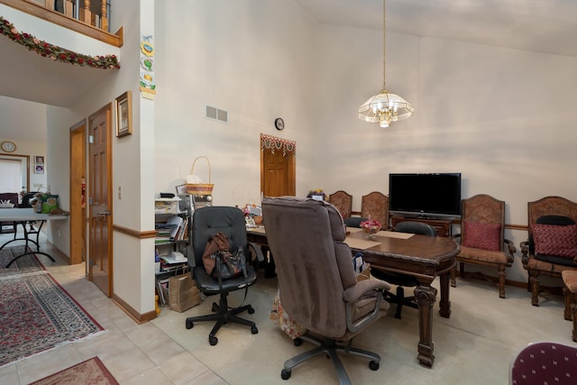 7415 Sand Spurrey Ct, Westerville, OH 43082 - office area with high vaulted ceiling, a chandelier, and light tile patterned flooring