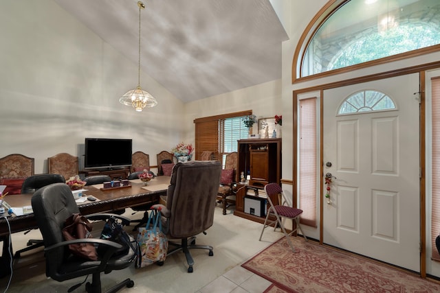 7415 Sand Spurrey Ct, Westerville, OH 43082 - home office with high vaulted ceiling, healthy amount of natural light, a chandelier, and light tile patterned floors