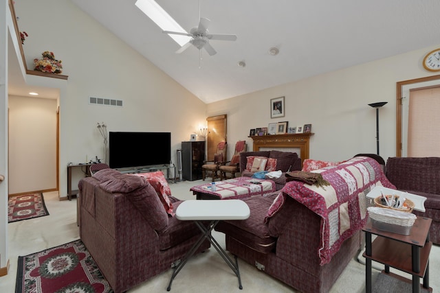 7415 Sand Spurrey Ct, Westerville, OH 43082 - living area with light colored carpet, high vaulted ceiling, and a ceiling fan