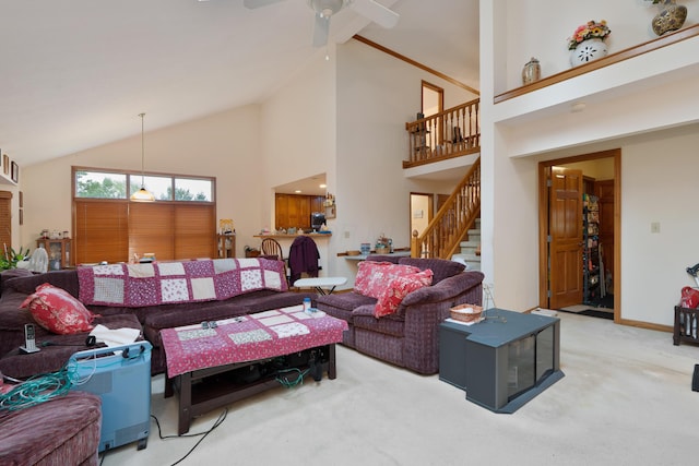 7415 Sand Spurrey Ct, Westerville, OH 43082 - living area featuring carpet flooring, stairway, ceiling fan, and high vaulted ceiling