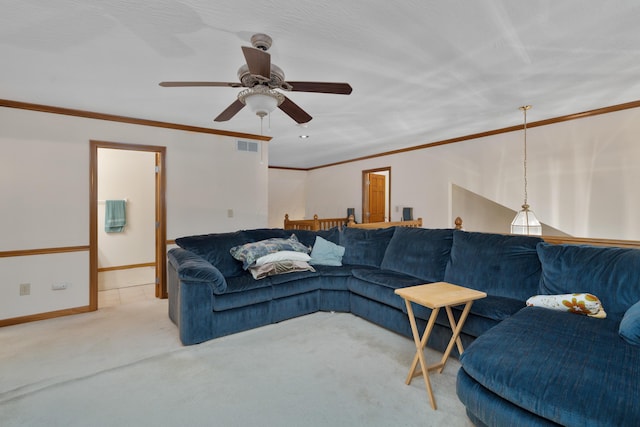 7415 Sand Spurrey Ct, Westerville, OH 43082 - carpeted living room featuring ornamental molding, a ceiling fan, and baseboards