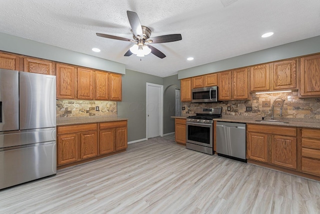 5924 Morrissey St Unit 5924E, Columbus, OH 43232 - kitchen with appliances with stainless steel finishes, a sink, brown cabinetry, recessed lighting, and a textured ceiling