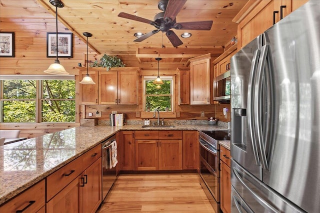 653 Natchez Ln, Sugar Grove, OH 43155 - kitchen with stainless steel appliances, a sink, wooden ceiling, light wood-style floors, and pendant lighting