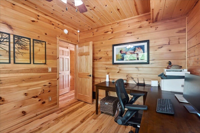 653 Natchez Ln, Sugar Grove, OH 43155 - office area with wood finished floors, wooden ceiling, wood walls, and ceiling fan