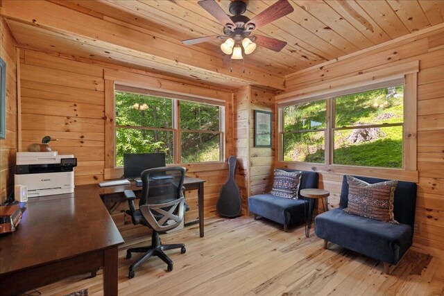 653 Natchez Ln, Sugar Grove, OH 43155 - office area with wood walls, wooden ceiling, plenty of natural light, light wood finished floors, and a ceiling fan
