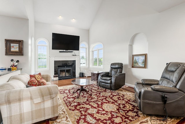 5360 Smothers Rd, Westerville, OH 43081 - living room featuring wood finished floors, a fireplace, high vaulted ceiling, and baseboards