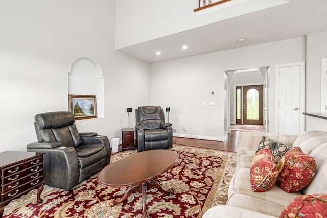 5360 Smothers Rd, Westerville, OH 43081 - living area featuring wood finished floors, recessed lighting, baseboards, and a high ceiling