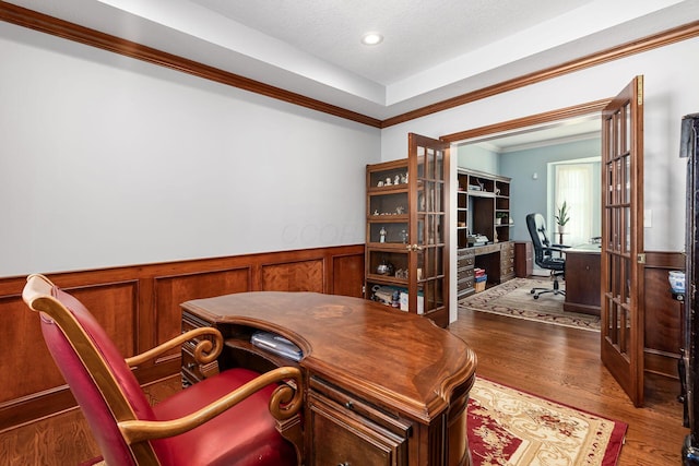 5360 Smothers Rd, Westerville, OH 43081 - office area featuring wainscoting, ornamental molding, wood finished floors, and recessed lighting