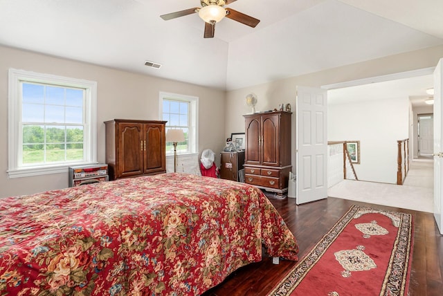 5360 Smothers Rd, Westerville, OH 43081 - bedroom with dark wood-style floors, multiple windows, a ceiling fan, and vaulted ceiling