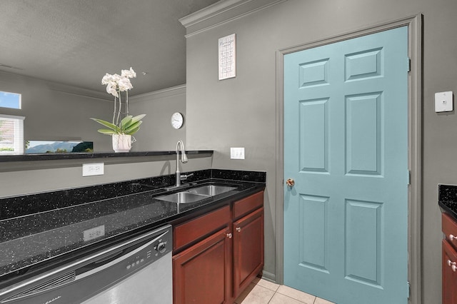 6222 Inishmore Ln, Dublin, OH 43017 - kitchen featuring dishwasher, a sink, ornamental molding, reddish brown cabinets, and light tile patterned flooring