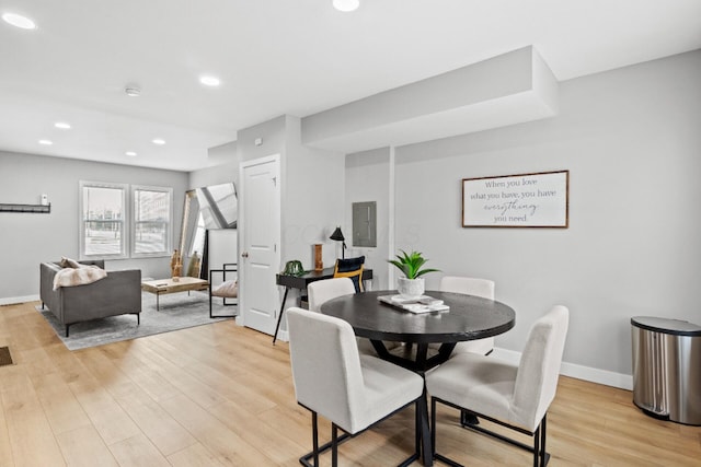 369 S 17th St, Columbus, OH 43205 - dining space featuring electric panel, light wood-style flooring, baseboards, and recessed lighting