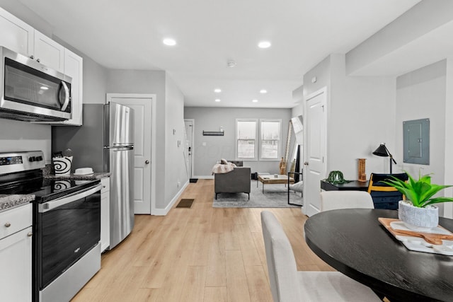 369 S 17th St, Columbus, OH 43205 - kitchen with appliances with stainless steel finishes, electric panel, light wood-type flooring, white cabinets, and recessed lighting
