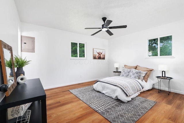 215 Stockbridge Rd, Columbus, OH 43207 - bedroom featuring electric panel, baseboards, wood finished floors, and ceiling fan