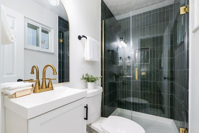 215 Stockbridge Rd, Columbus, OH 43207 - full bathroom featuring toilet, a shower stall, vanity, and a textured ceiling