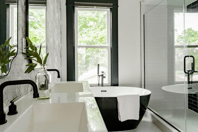 1217 Franklin Ave, Columbus, OH 43205 - full bath with a stall shower, plenty of natural light, a soaking tub, and double vanity