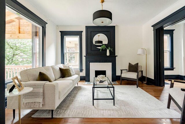 1217 Franklin Ave, Columbus, OH 43205 - living room featuring wood-type flooring, plenty of natural light, a large fireplace, crown molding, and baseboards