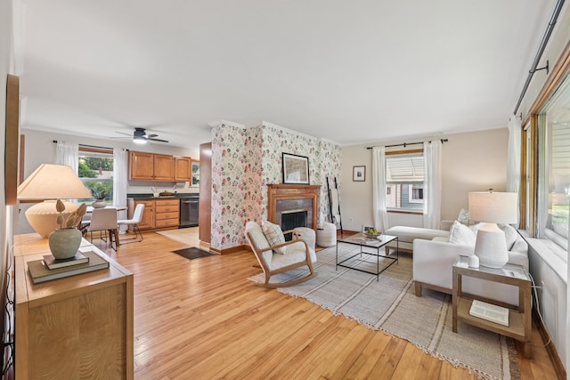 640 Wetmore Rd, Columbus, OH 43214 - living room with light wood-type flooring, a fireplace, a ceiling fan, and baseboards