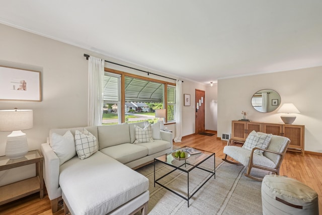 640 Wetmore Rd, Columbus, OH 43214 - living room featuring ornamental molding, light wood-type flooring, and baseboards
