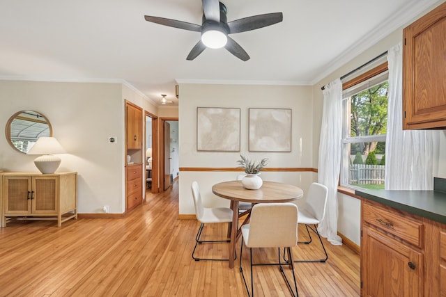 640 Wetmore Rd, Columbus, OH 43214 - dining room featuring light wood-type flooring, crown molding, ceiling fan, and baseboards