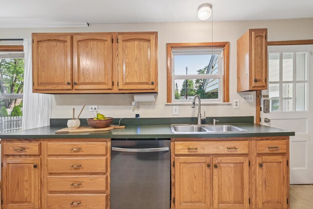 640 Wetmore Rd, Columbus, OH 43214 - kitchen with stainless steel dishwasher, a sink, plenty of natural light, and dark countertops
