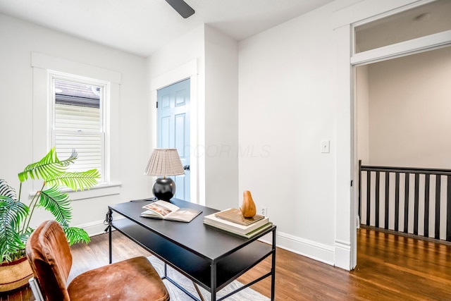 976 Oakwood Ave, Columbus, OH 43206 - office area featuring wood finished floors, baseboards, and a ceiling fan