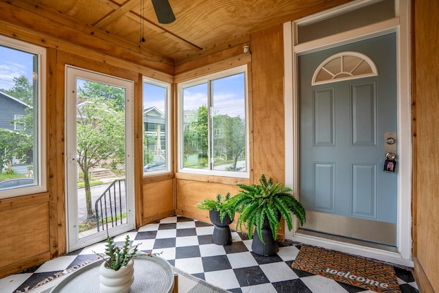 976 Oakwood Ave, Columbus, OH 43206 - sunroom / solarium featuring tile patterned floors, wooden ceiling, and wood walls