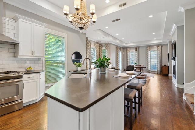 48 E 4th Ave, Columbus, OH 43201 - kitchen with stainless steel range with gas cooktop, a sink, dark countertops, a tray ceiling, and a center island with sink