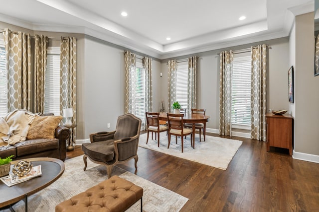 48 E 4th Ave, Columbus, OH 43201 - living area with a tray ceiling, wood finished floors, recessed lighting, baseboards, and ornamental molding