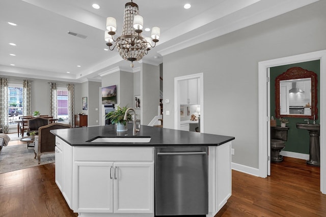 48 E 4th Ave, Columbus, OH 43201 - kitchen featuring dishwasher, dark countertops, a chandelier, dark wood-style floors, and recessed lighting