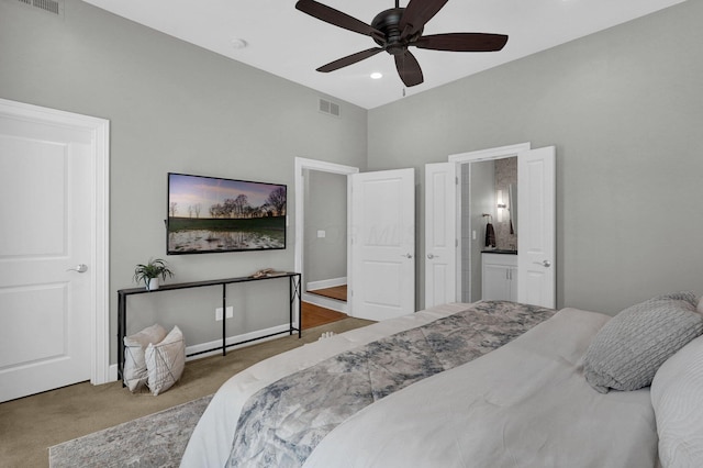 48 E 4th Ave, Columbus, OH 43201 - bedroom featuring carpet flooring, ensuite bath, recessed lighting, and a ceiling fan