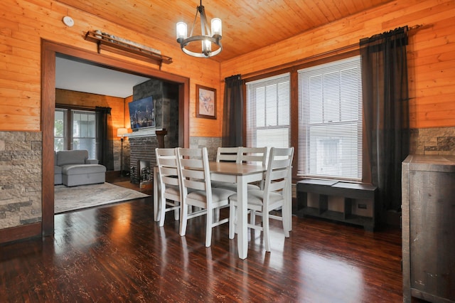 683 E 2nd St, Chillicothe, OH 45601 - dining area with a chandelier, wood finished floors, wooden walls, a fireplace, and wooden ceiling