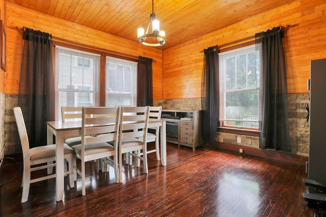 683 E 2nd St, Chillicothe, OH 45601 - dining space with wooden walls, wooden ceiling, and dark wood-type flooring