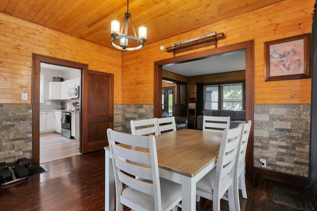 683 E 2nd St, Chillicothe, OH 45601 - dining area with wood walls, dark wood-style floors, a chandelier, and wood ceiling