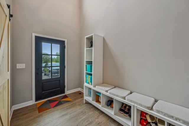 4483 County Road 124, Cardington, OH 43315 - entrance foyer featuring wood finished floors, baseboards, a high ceiling, and a barn door