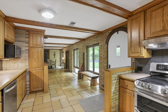 13115 Jack Run Rd, Rockbridge, OH 43149 - kitchen featuring appliances with stainless steel finishes, extractor fan, brick wall, beamed ceiling, and light countertops