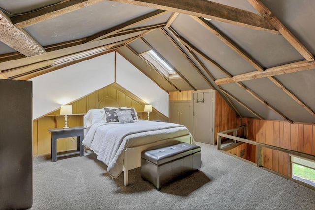13115 Jack Run Rd, Rockbridge, OH 43149 - carpeted bedroom featuring wooden walls, lofted ceiling, and a skylight