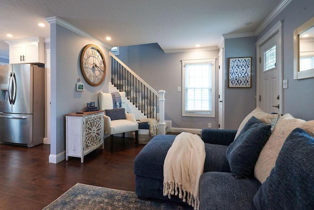 258 E Welch Ave, Columbus, OH 43207 - living area with stairway, ornamental molding, baseboards, dark wood-style floors, and recessed lighting