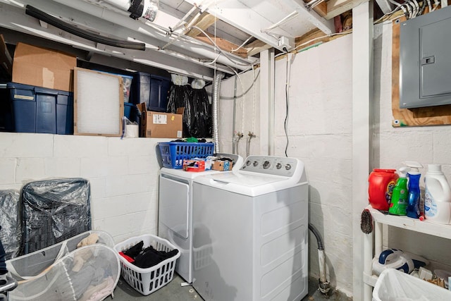6407 Skywae Dr, Columbus, OH 43229 - washroom featuring electric panel, washer and dryer, and concrete block wall