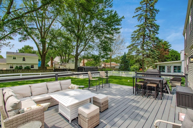 6407 Skywae Dr, Columbus, OH 43229 - wooden terrace featuring an outdoor living space, outdoor dining area, and grilling area