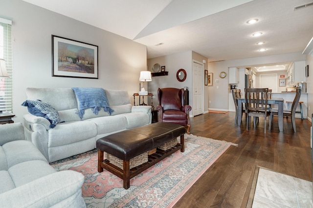 2539 Trotterslane Dr, Columbus, OH 43235 - living area with dark wood-style floors, baseboards, recessed lighting, and vaulted ceiling