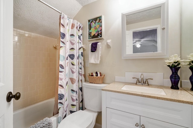 2539 Trotterslane Dr, Columbus, OH 43235 - full bathroom featuring a textured ceiling, toilet, vanity, and shower / bathtub combination with curtain