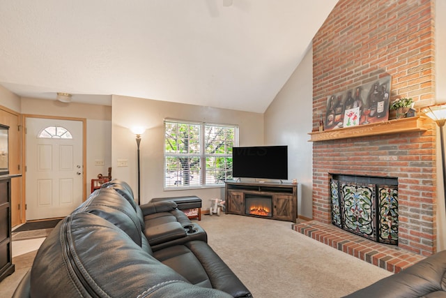 3150 Berkley Pointe Dr, Gahanna, OH 43230 - living room featuring a brick fireplace, carpet flooring, and lofted ceiling