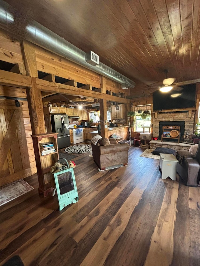 2309 N Houston Pike, South Vienna, OH 45369 - living area with dark wood-style floors, a fireplace, wood ceiling, and ceiling fan