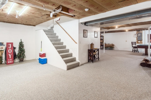 4989 Edgeley Dr, Hilliard, OH 43026 - finished below grade area featuring carpet flooring, stairway, and electric panel