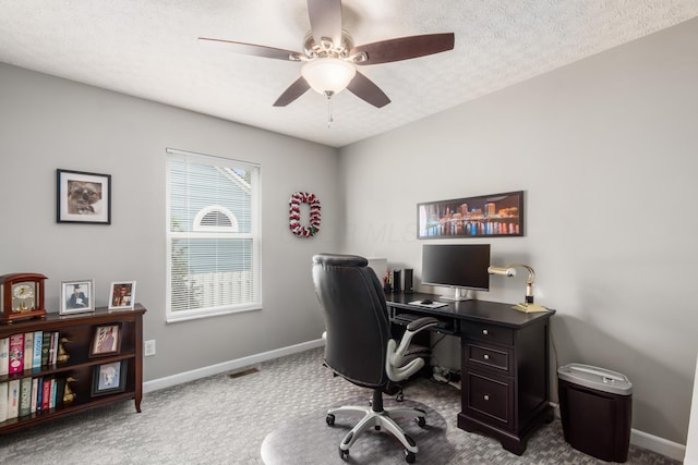 4989 Edgeley Dr, Hilliard, OH 43026 - office area with baseboards, ceiling fan, carpet flooring, and a textured ceiling